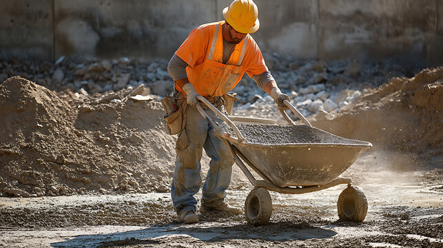 Construction Worker Pushing a Wheelbarrow of Concrete - Powered by Adobe