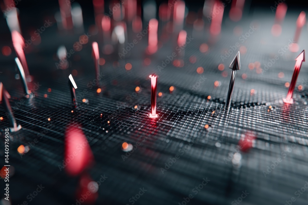 Poster abstract macro view of a circuit board with glowing components and arrows, representing data flow an
