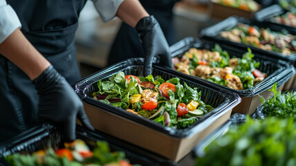 Restaurant staff preparing takeaway meals, emphasizing food safety, hygiene, and eco-friendly practices, with a chef packing a fresh salad into a cardboard container