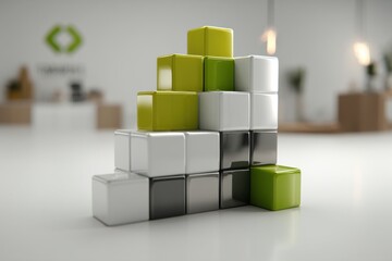 Obraz premium A conceptual arrangement of shiny green, white and grey cubes stacked to form a pyramid, signifying growth and business hierarchy, in a bright, minimalistic setting.