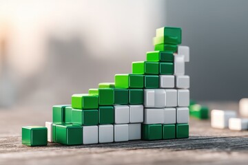 Fototapeta premium Green and white blocks stacked in an ascending bar graph formation, representing growth and success, symbolizing progress and achievement on a wooden surface.