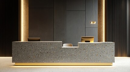 Modern hotel reception desk, lobby interior design, elegant stone, warm lighting, business