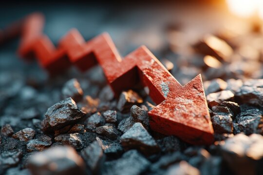 Dramatic downwards red arrow on a rocky surface signifies economic decline or failure, representing market crash and business loss during financial crisis.