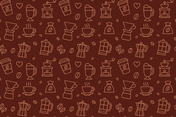 Seamless pattern with coffee cups, grinders, beans and brewing equipment on brown background