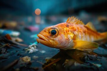 Close-up shot of an orange fish lying on the ground near water with a blurred background, creating a striking contrast between the subject and its surroundings.