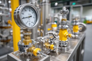 A close-up of industrial equipment, showcasing a pressure gauge and complex valve system with yellow and silver components, in a modern manufacturing setting.