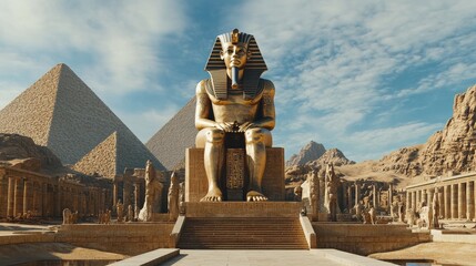 Pyramids and Pharaoh statue of the ancient ruler of Egypt