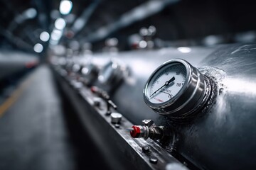 A close-up of industrial pressure gauges on a long row of metal tanks, highlighting precision and engineering in a manufacturing or processing plant environment.