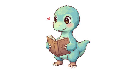 A Cartoon Troodon Dinosaur Is Reading A Book With Cute Expression And A Lovely Heart Sign Above