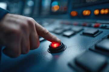 A close-up of a finger pressing a glowing red button on a control panel, illuminated and surrounded by other buttons and gauges, in a modern setting.