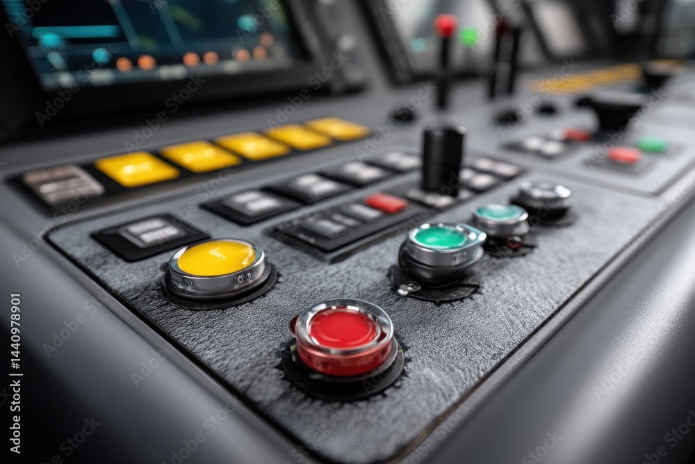 Poster close-up view of an intricate control panel with illuminated buttons and display, suggesting advance