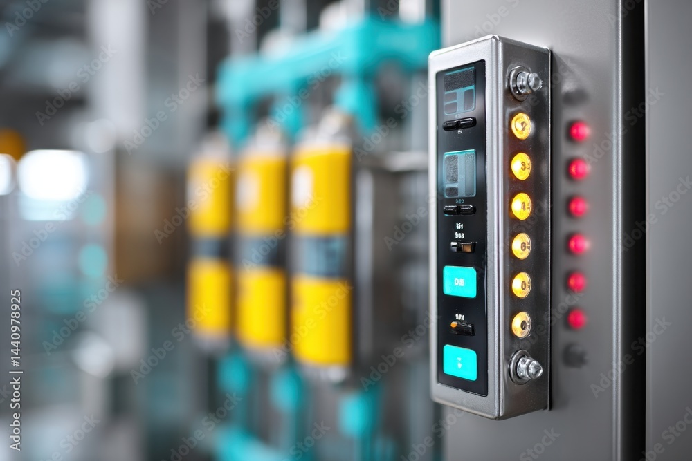 Poster automated machinery with a control panel of buttons and digital display in production line, demonstr