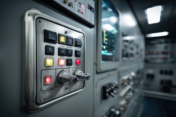 Close-up of a complex control panel with illuminated buttons and metallic switches, showcasing advanced technology and intricate design, displaying vibrant colored lights.