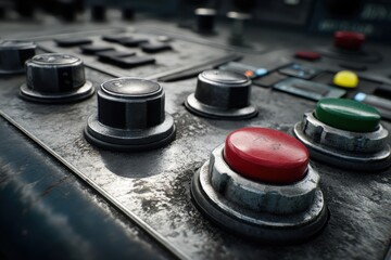 Close-up of an old, weathered control panel with various buttons and knobs, showing signs of wear and vintage aesthetics, perfect for sci-fi or industrial designs.