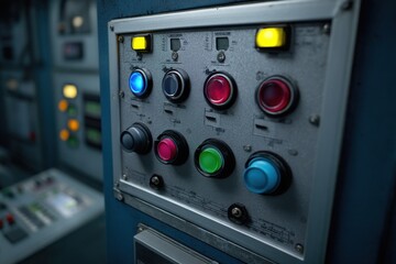 Fototapeta premium Close-up of a complex control panel with various colorful buttons and lights, offering detailed view of industrial equipment with multiple settings and indicators, creating a sense of technology.