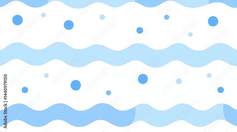 Poster Blue and white background with a pattern of blue waves and white dots. Scene is calm and serene, with the blue waves