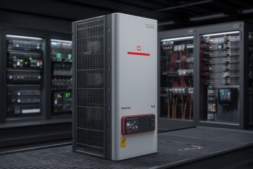 A close-up shot of a modern data server in a high-tech server room featuring advanced technological design and professional hardware equipment for data processing.