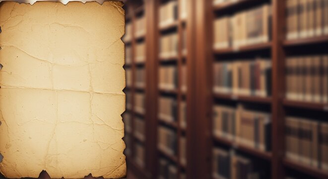 Old parchment paper on a blurred library background, creating a nostalgic and academic atmosphere for writing or documentation