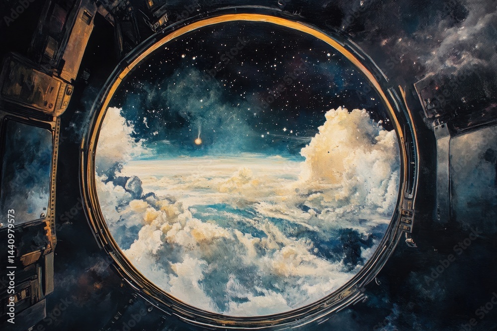Wall mural journey into the vastness of space through a spacecraft's circular window, flight into the space