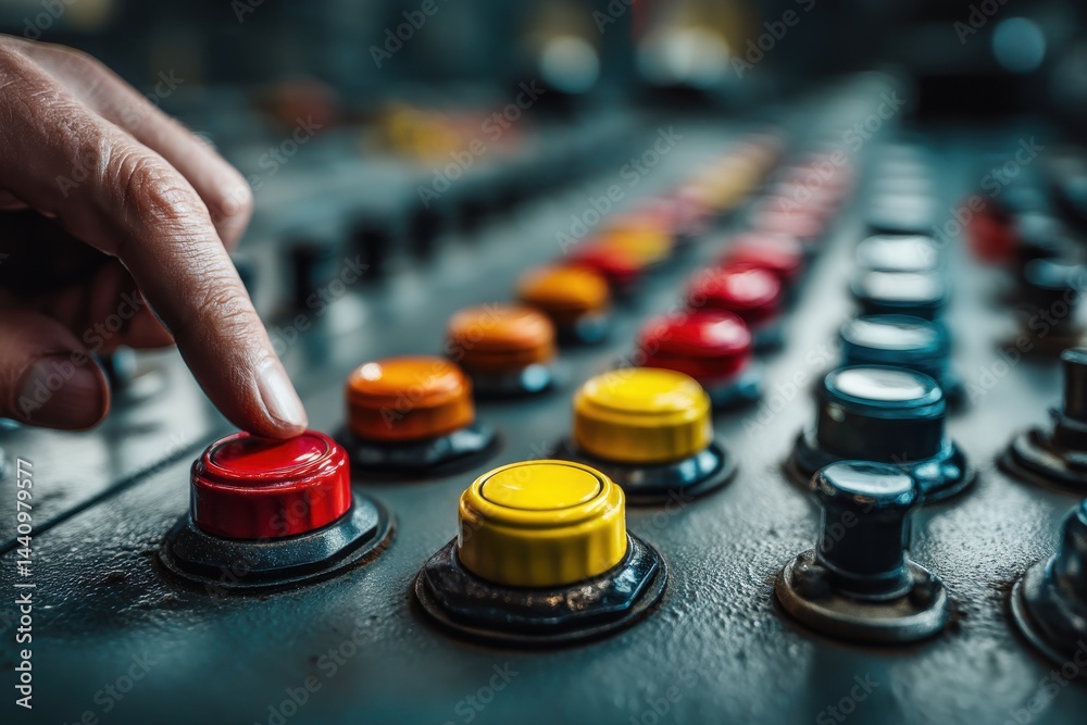 Poster close-up of a finger pressing a red button on a control panel with colorful buttons, creating a sens