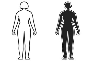 Woman Silhouette in Black and White with Outline on Isolated White Background