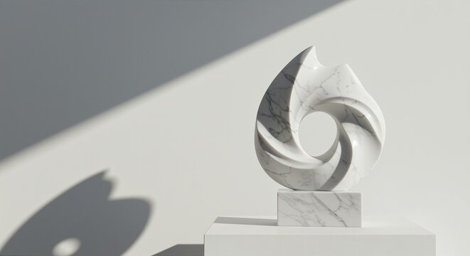 Elegant marble sculpture with swirling shapes casting soft shadows, displayed against a minimalist background