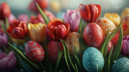 Happy Easter Eggs and Tulips