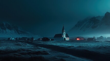 The Vik Church in Iceland, with a dark blue sky and mountains with snow in the background, is captured in this night photography. The color scheme features white and red, and the.