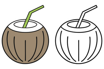 Coconut with Green Straw Icon, in Color and Black and White Version