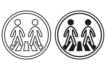 Round Zebra Crossing Symbol, Pedestrian Silhouette on White Background Icons Set