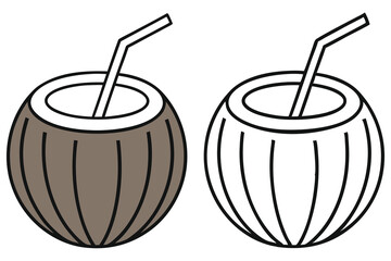 Outline Coconut Water with Straw Isolated Set Drawing for Coloring Book