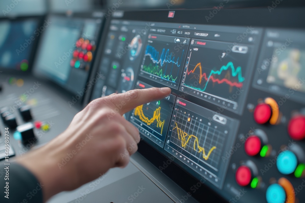Poster close-up of a person's hand interacting with a control panel screen displaying various graphs, chart