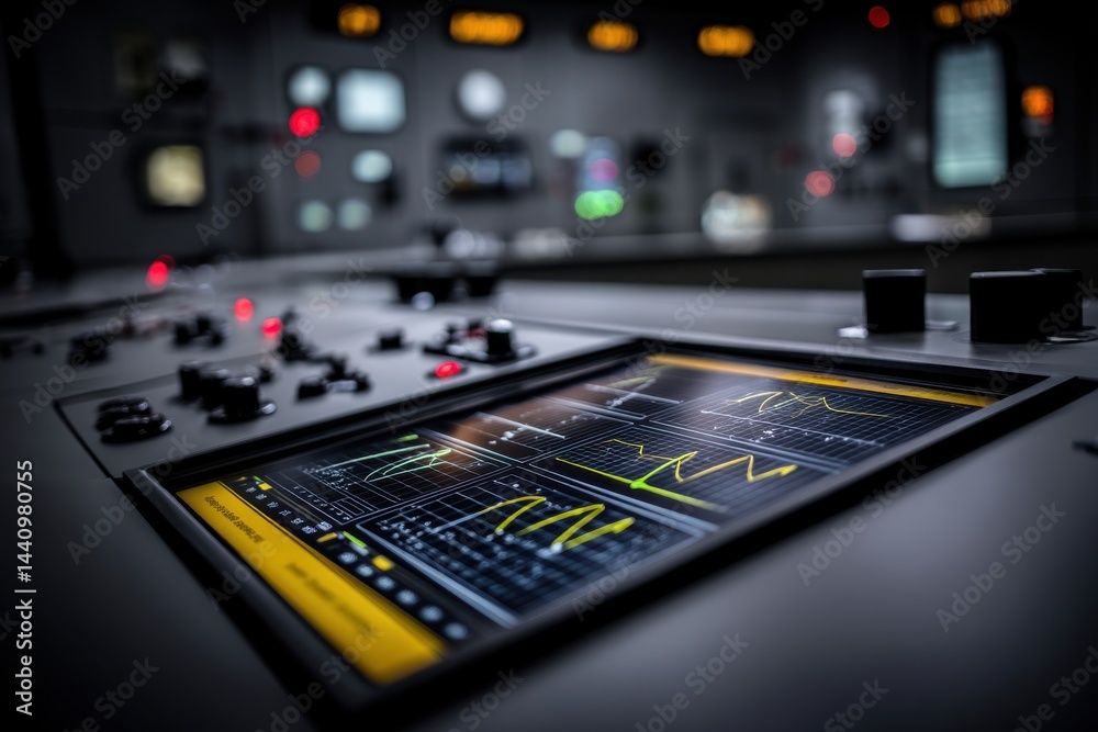 Poster close-up of complex control panel with screen displaying data charts, showcasing engineering precisi