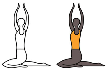Two Silhouette Woman Meditating Poses with Raised Arms on a White Background