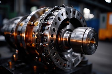 Close-up shot capturing intricate details of a complex industrial machinery rotor, featuring metallic surfaces and precise engineering with dark background and soft light.