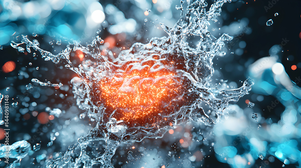 Poster a dynamic abstract image of water splashing around a glowing core creating an artistic representatio