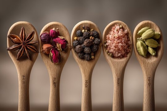 A colorful arrangement of spices in wooden spoons featuring star anise, dried roses, black peppercorns, pink Himalayan salt and green cardamom pods.