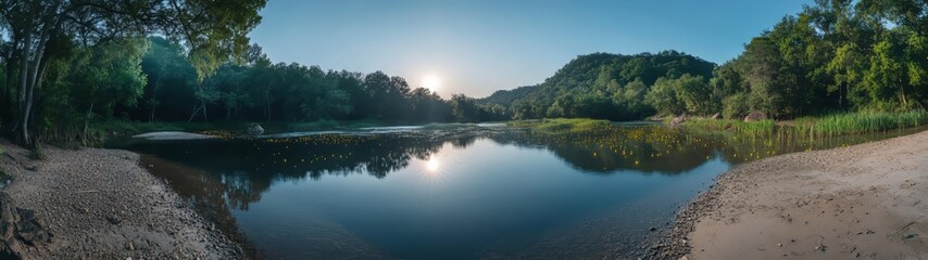 Stunning 360 degree hdr landscape of serene river at sunrise nature hdri view