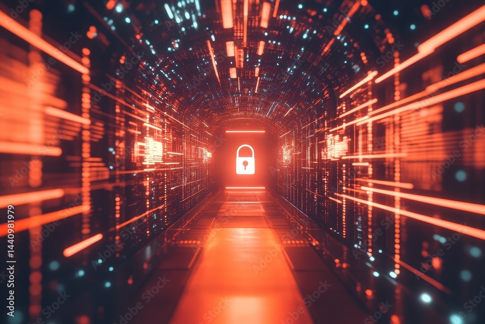 Aufkleber digital security padlock icon amidst abstract data processing in a virtual environment, security pad