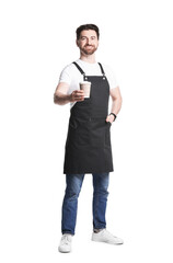 Smiling barista with paper takeaway cup of hot drink on white background