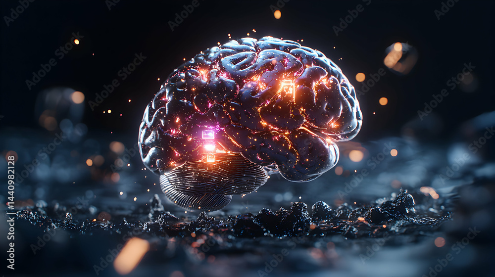 Poster an artistic rendering of a glowing brain. perfect for science technology and education related conte