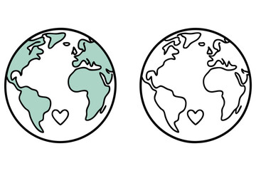 Outlined Earth Globe with Heart Accent, Green Continent on White Background
