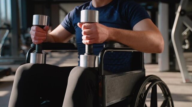 Close-up of man in wheelchair holding dumbbells at gym