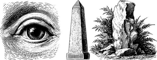 Intricate engraved illustrations of beast eye, obelisk, and rune standing stone