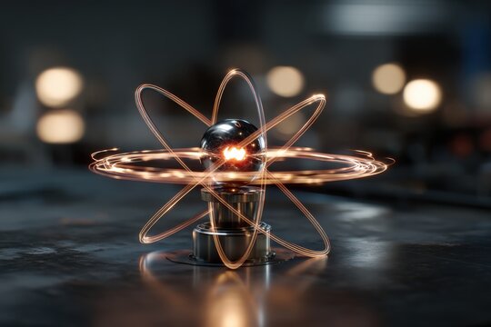 A symbolic representation of an atom featuring glowing trails, illustrating energy and power, showcasing a sphere and light trails on a dark surface. Render.