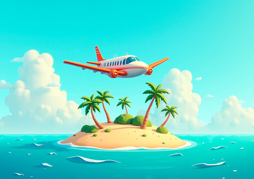 cartoon airplane flies over island with palm trees