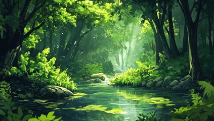 Fototapeta premium Lush forest stream. Sunlight filters through dense canopy. Tranquil, verdant riverbanks