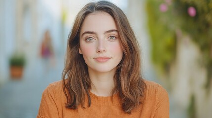 Woman with light brown hair in orange outfit walking in peaceful sunny alley, calm street background, natural look with soft color tones and authentic expression

