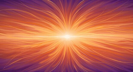 Obraz premium Vibrant explosion of warm colors radiating from a bright center, surrounded by flowing lines and a rich gradient of purple and orange hues