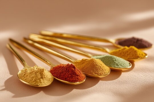 A vibrant assortment of colorful spices arranged in golden spoons on a textured surface, showcasing the beauty and diversity of culinary ingredients with a soft, diffused light.